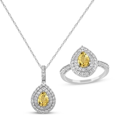 Pear-Shaped Citrine & White Lab-Created Sapphire Gift Set Sterling Silver - Size 7