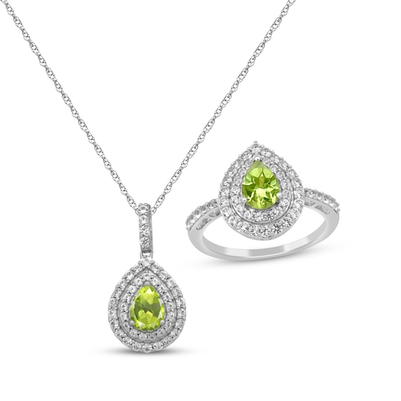 Pear-Shaped Peridot & White Lab-Created Sapphire Gift Set Sterling Silver - Size 7