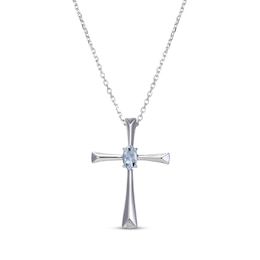 Oval-Cut Aquamarine Cross Necklace Sterling Silver 18”