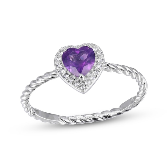 Heart-Shaped Amethyst & White Lab-Created Sapphire Ring Sterling Silver