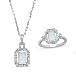 Octagon-Cut Lab-Created Opal & White Lab-Created Sapphire Necklace & Ring Gift Set Sterling Silver - Size 7