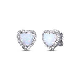 Heart-Shaped Lab-Created Opal & White Lab-Created Sapphire Stud Earrings Sterling Silver