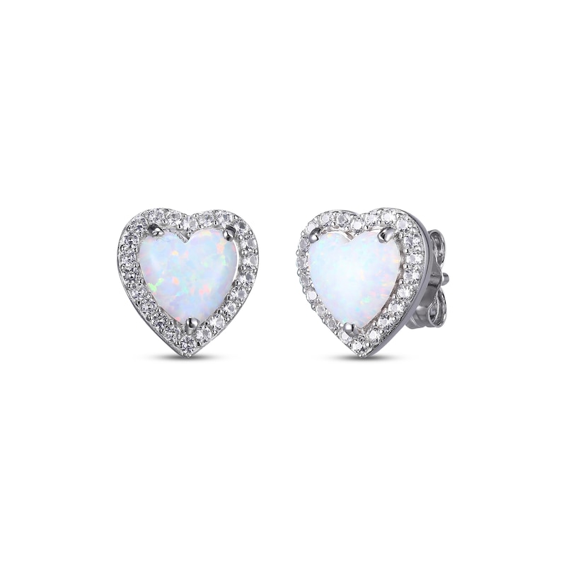 Main Image 1 of Heart-Shaped Lab-Created Opal & White Lab-Created Sapphire Stud Earrings Sterling Silver