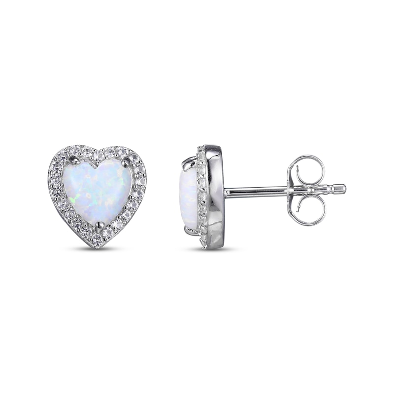 Main Image 3 of Heart-Shaped Lab-Created Opal & White Lab-Created Sapphire Stud Earrings Sterling Silver