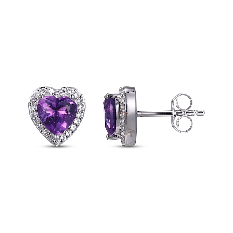 Main Image 3 of Heart-Shaped Amethyst & White Lab-Created Sapphire Stud Earrings Sterling Silver