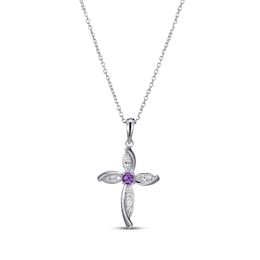 Round-Cut Amethyst & White Lab-Created Sapphire Cross Necklace Sterling Silver 18”