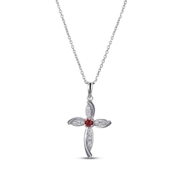 Round-Cut Garnet & White Lab-Created Sapphire Cross Necklace Sterling Silver 18”