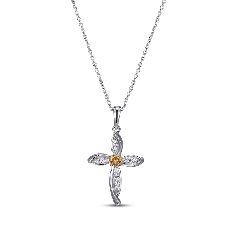 Main Image 1 of Round-Cut Citrine & White Lab-Created Sapphire Cross Necklace Sterling Silver 18”