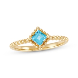 Square-Cut Swiss Blue Topaz Beaded Ring 10K Yellow Gold