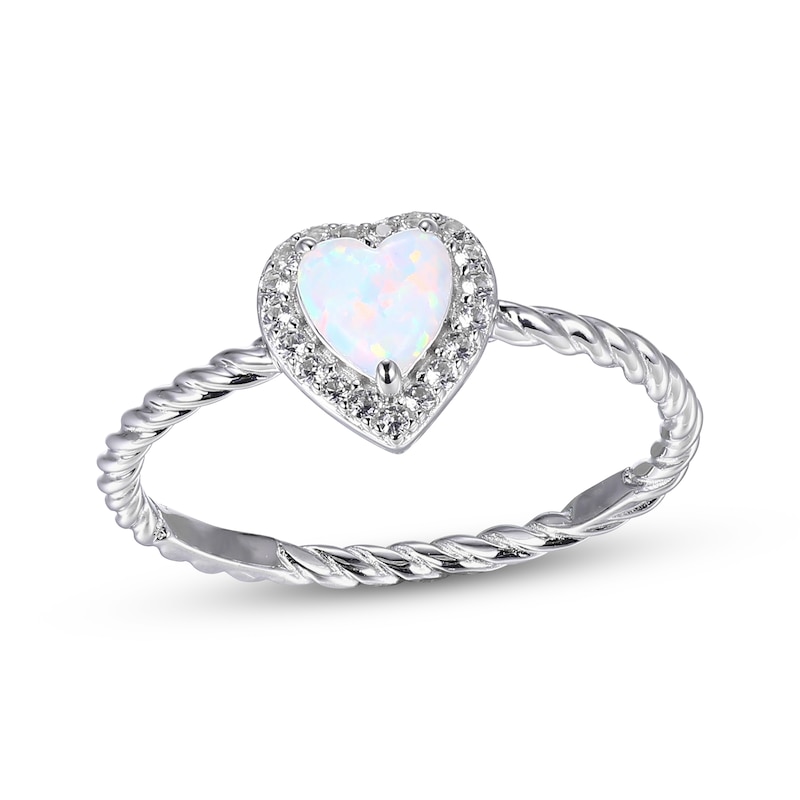 Heart-Shaped Lab-Created Opal & Round-Cut White Lab-Created Sapphire Ring Sterling Silver