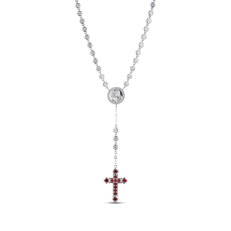 Main Image 1 of Square & Round-Cut Garnet & White Lab-Created Sapphire Rosary Necklace Sterling Silver 18”