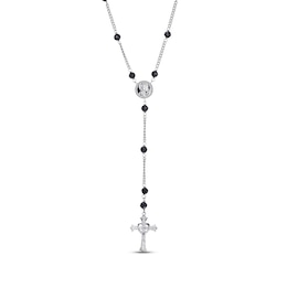 Black Spinel Bead & Round-Cut White Lab-Created Sapphire Rosary Necklace Sterling Silver 18”