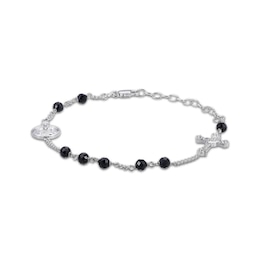 Black Spinel  Bead & Round-Cut White Lab-Created Sapphire Rosary Bracelet Sterling Silver 7.5”