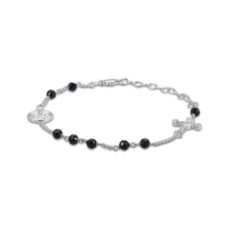 Main Image 1 of Black Spinel  Bead & Round-Cut White Lab-Created Sapphire Rosary Bracelet Sterling Silver 7.5”