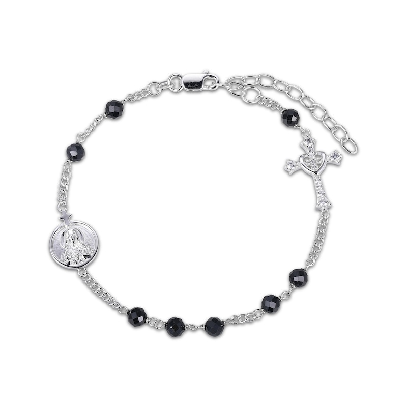 Main Image 2 of Black Spinel  Bead & Round-Cut White Lab-Created Sapphire Rosary Bracelet Sterling Silver 7.5”