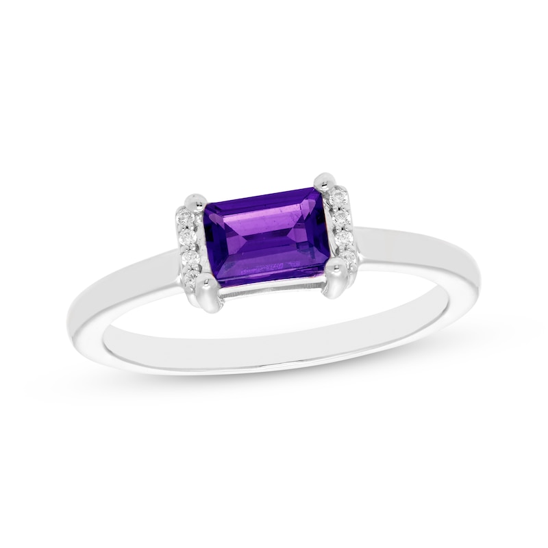 Main Image 1 of Rectangle-Cut Amethyst & Round-Cut White Lab-Created Sapphire Ring Sterling Silver