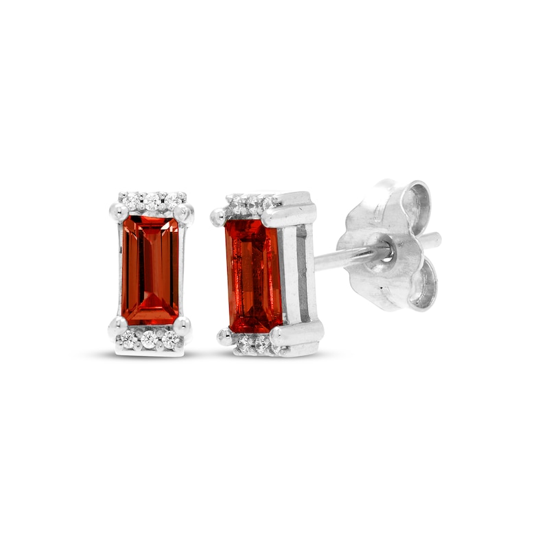 Main Image 1 of Rectangle-Cut Garnet & Round-Cut White Lab-Created Sapphire Stud Earrings Sterling Silver