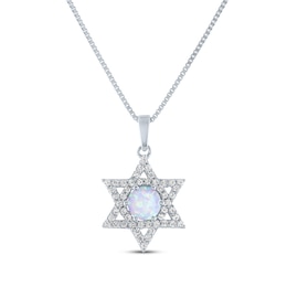 Round-Cut Lab-Created Opal & White Lab-Created Sapphire Star of David Necklace Sterling Silver 18&quot;