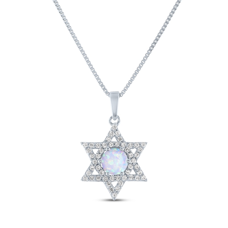 Main Image 1 of Round-Cut Lab-Created Opal & White Lab-Created Sapphire Star of David Necklace Sterling Silver 18&quot;