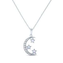 Round-Cut Lab-Created Opal & White Lab-Created Sapphire Moon & Star Necklace Sterling Silver 18&quot;