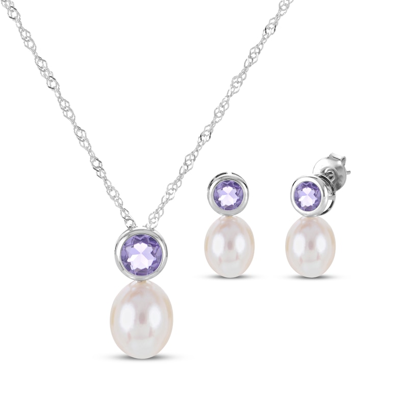 Main Image 1 of Cultured Pearl & Amethyst Bezel Gift Set Sterling Silver