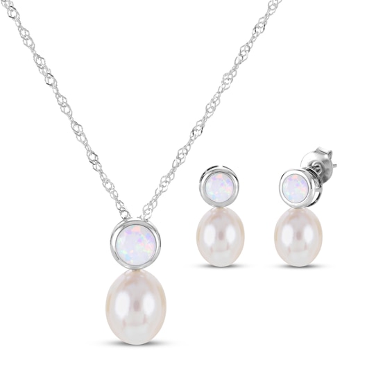 Cultured Pearl & Lab-Created Opal Bezel Gift Set Sterling Silver