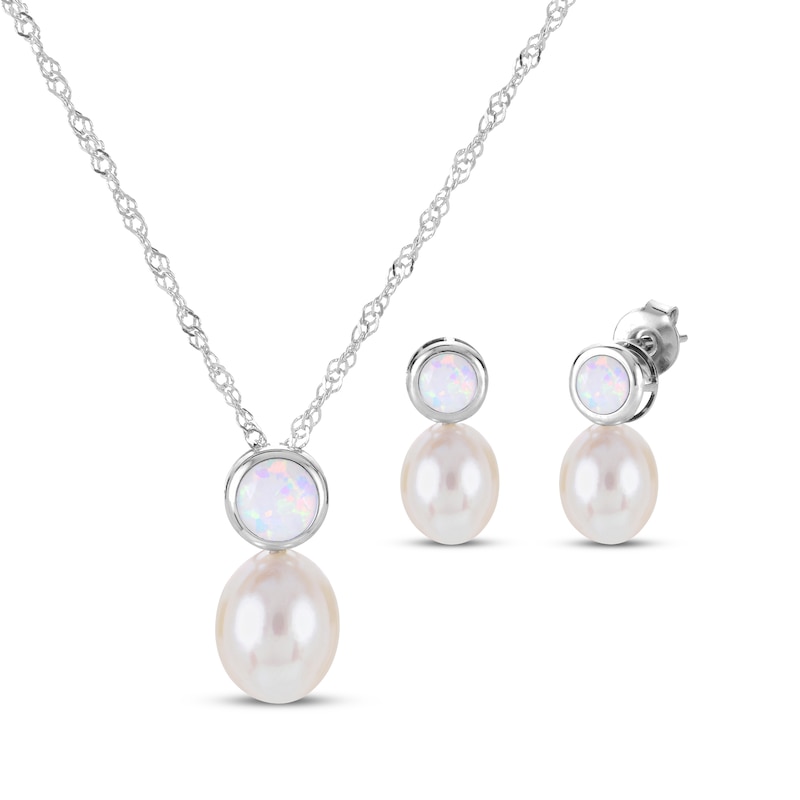 Main Image 1 of Cultured Pearl & Lab-Created Opal Bezel Gift Set Sterling Silver