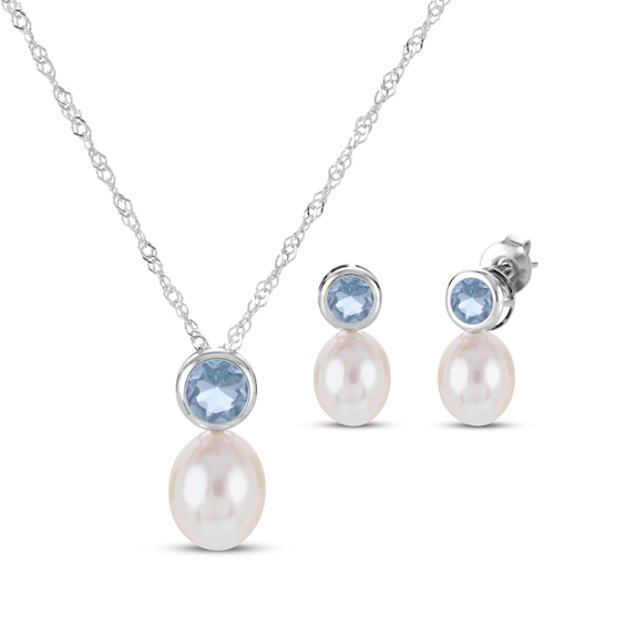 Cultured Pearl & Sky Blue Topaz Bezel Gift Set Sterling Silver