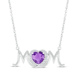 Heart-Shaped Amethyst & White Lab-Created Sapphire &quot;Mom&quot; Necklace Sterling Silver 18”