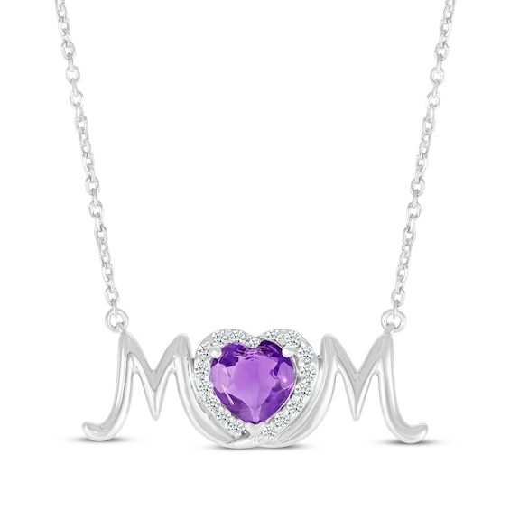 Heart-Shaped Amethyst & White Lab-Created Sapphire "Mom" Necklace Sterling Silver 18”