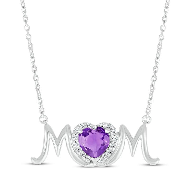 Main Image 1 of Heart-Shaped Amethyst & White Lab-Created Sapphire &quot;Mom&quot; Necklace Sterling Silver 18”