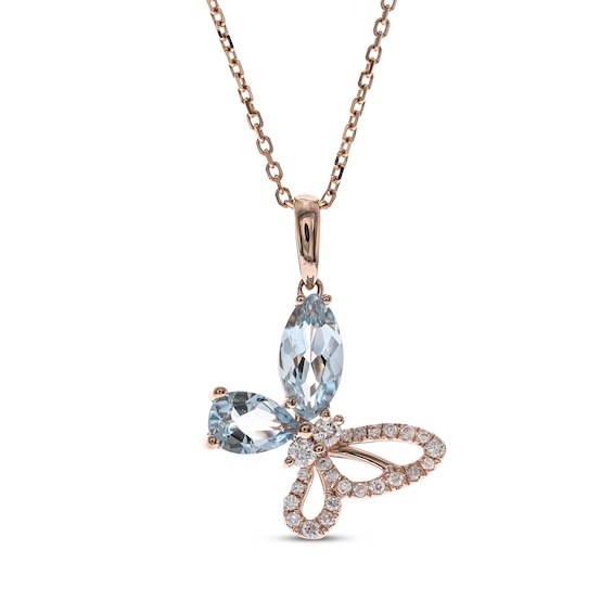 Marquise & Pear-Shaped Aquamarine, Diamond Tilted Butterfly Necklace 1/8 ct tw 10K Rose Gold 18"
