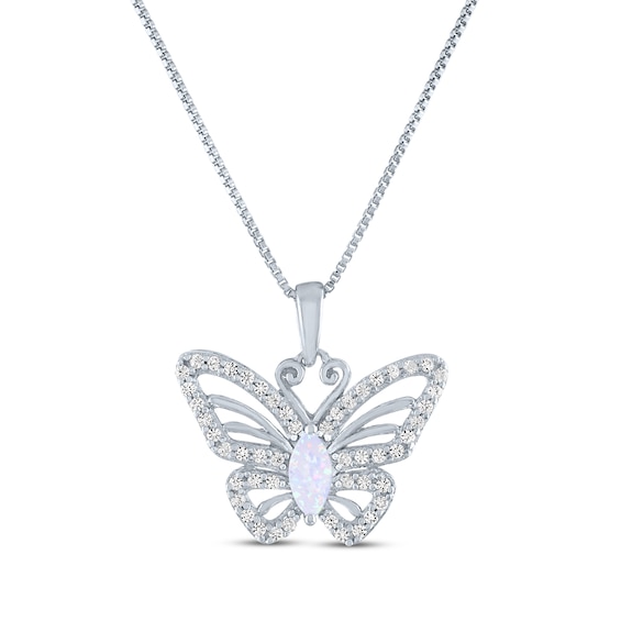 Marquise-Cut Lab-Created Opal & White Lab-Created Sapphire Butterfly Necklace Sterling Silver 18"
