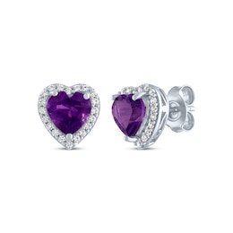 Heart-Shaped Amethyst & White Lab-Created Sapphire Stud Earrings Sterling Silver