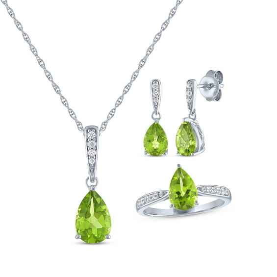 Pear-Shaped Peridot & White Lab-Created Sapphire Gift Set Sterling Silver - Size 7