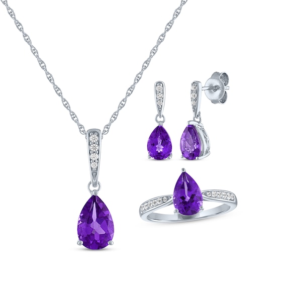 Pear-Shaped Amethyst & White Lab-Created Sapphire Gift Set Sterling Silver - Size 7