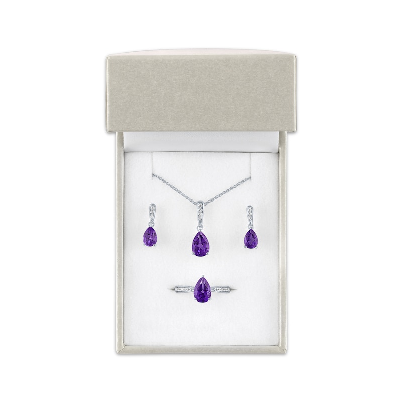Pear-Shaped Amethyst & White Lab-Created Sapphire Gift Set Sterling Silver - Size 7
