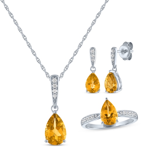 Pear-Shaped Citrine & White Lab-Created Sapphire Gift Set Sterling Silver - Size 7