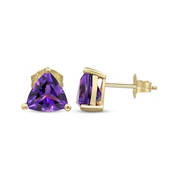 Trillion-Cut Amethyst Solitaire Stud Earrings 10K Yellow Gold