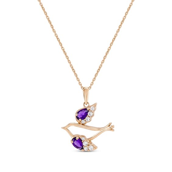 Pear-Shaped Amethyst & White Lab-Created Sapphire Dove Necklace 10K Rose Gold 18"