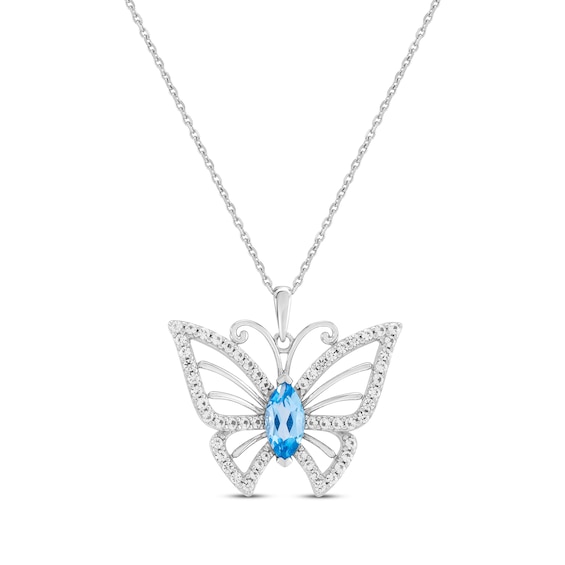 Marquise-Cut Swiss Blue Topaz & White Lab-Created Sapphire Butterfly Necklace Sterling Silver 18"
