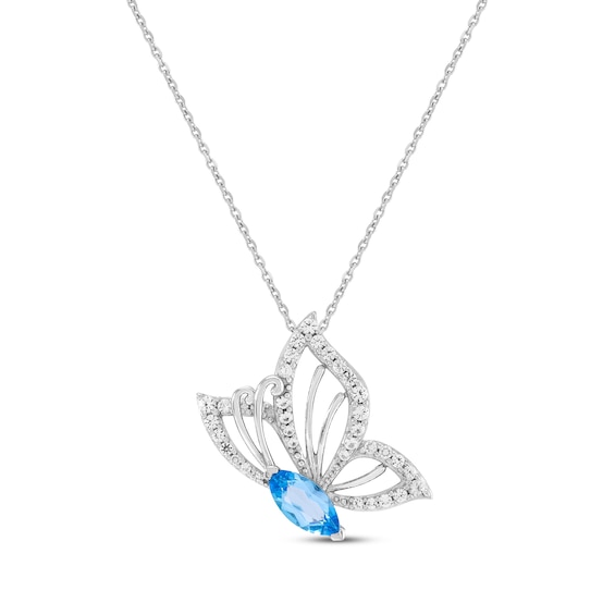 Marquise-Cut Swiss Blue Topaz & White Lab-Created Sapphire Butterfly in Flight Necklace Sterling Silver 18"