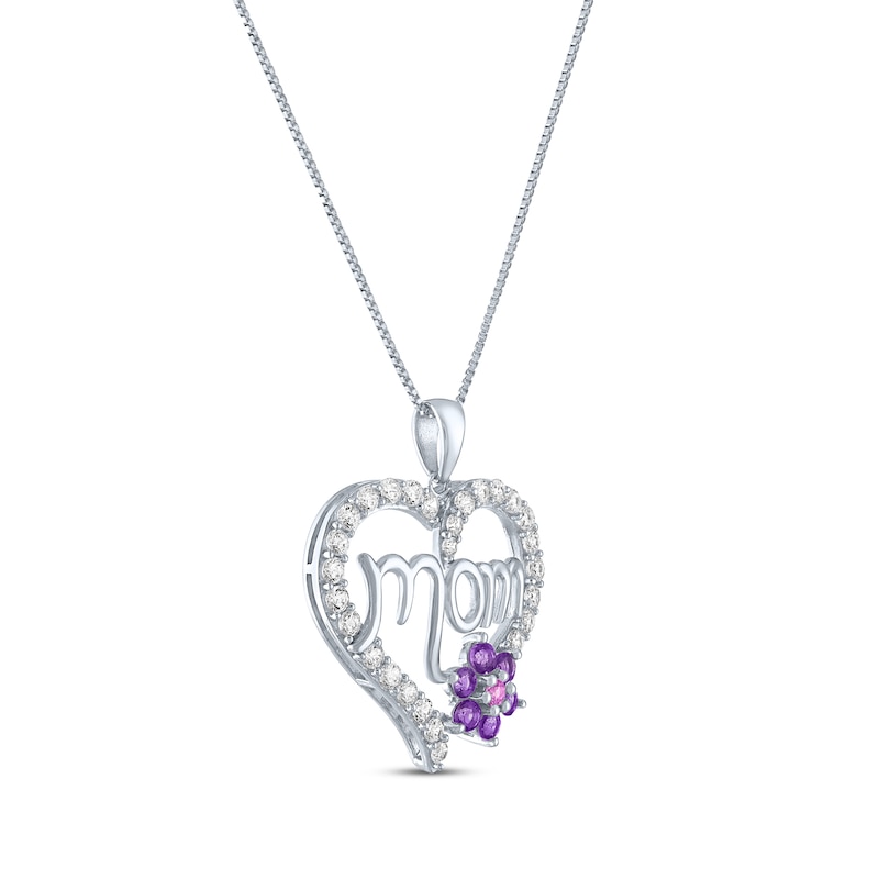 Main Image 2 of Amethyst & Pink Lab-Created Sapphire Flower Heart &quot;Mom&quot; Necklace Sterling Silver 18&quot;