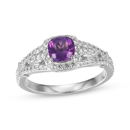 Cushion-Shaped Amethyst & White Lab-Created Sapphire Ring Sterling Silver