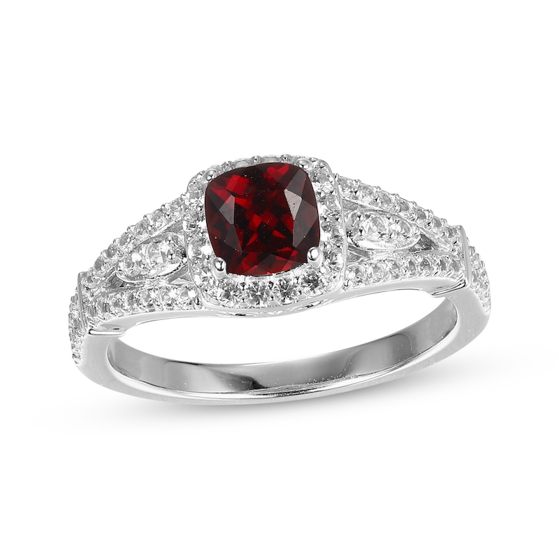 Main Image 1 of Cushion-Shaped Garnet & White Lab-Created Sapphire Ring Sterling Silver