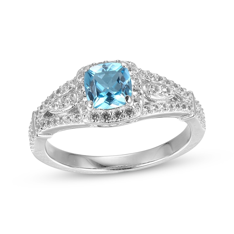 Main Image 1 of Cushion-Shaped Swiss Blue Topaz & White Lab-Created Sapphire Ring Sterling Silver