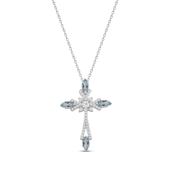 Marquise-Cut Aquamarine & Round-Cut White Lab-Created Sapphire Cross Necklace Sterling Silver 18"