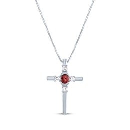 Oval-Cut Garnet & Round-Cut White Lab-Created Sapphire Cross Necklace Sterling Silver 18&quot;