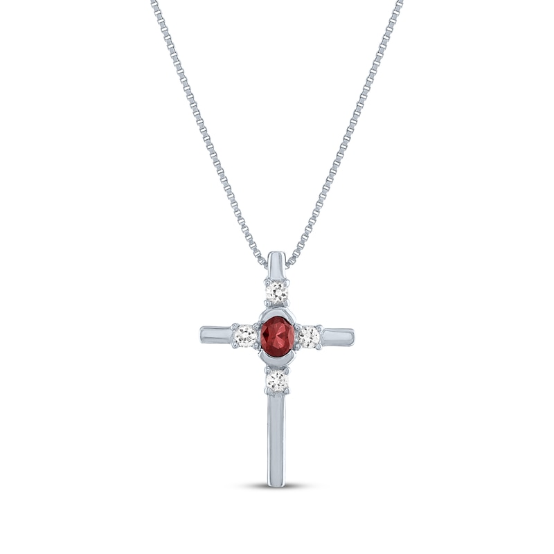 Main Image 1 of Oval-Cut Garnet & Round-Cut White Lab-Created Sapphire Cross Necklace Sterling Silver 18&quot;