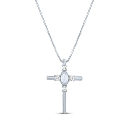 Oval-Cut Lab-Created Opal & Round-Cut White Lab-Created Sapphire Cross Necklace Sterling Silver 18&quot;